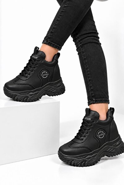 Leyna Women's Black Comfortable Fit Wedge Heel Sneakers High Sole [10] cm Height