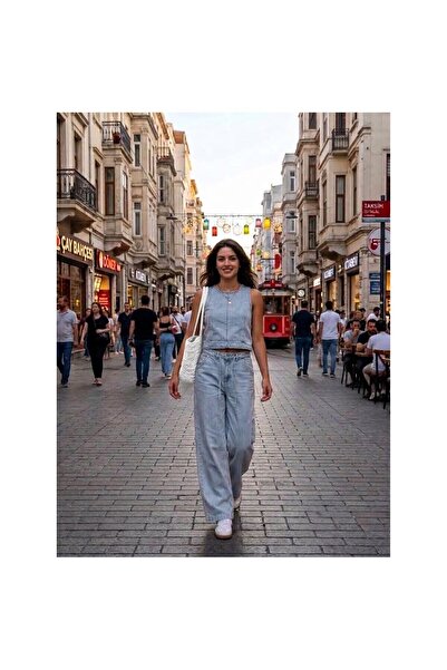 ZDN JEANS Kadın Denim İkili Takım – Kolsuz Crop Bluz & Bol Paça Pantolon