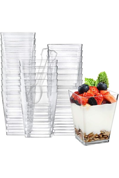 Regium FUFU 50 Pack 5 oz Square Clear Plastic Dessert Cups with Plastic Spoons and Plastic Covers - Ideal for Desserts, Appetizers, Puddings, Mousse and More