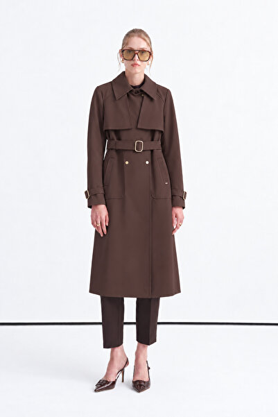 Zühre Wide Collar Belted Lined Brown Trench Coat 14193