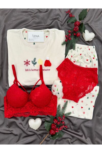 Lena Homewears Екрю новогодишен пижамен комплект от 4 части с десен, със сути...