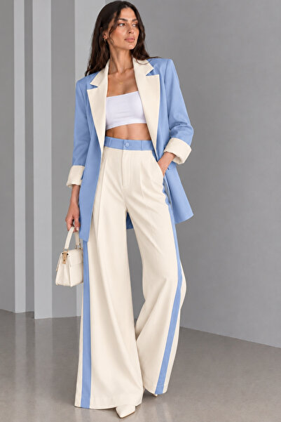 diaves Kadın Mavi-Ekru Kontrast Detaylı Blazer Ceket Palazzo Pantolon Takım