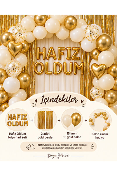 Dizayn Parti Evi Hafız Oldum Kutlama Süsleme Seti 40 cm Gold Folyo Harf Balon...