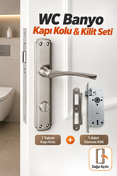 Badem10 Sağa Açılır WC Banyo Kapı Kolu Aynalı Nikel İnox 1 Takım + Sessiz Göm...