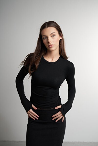 citycenterfashion Women's Ribbed Fabric Crew Neck Basic Blouse Cty-Lbn-3843