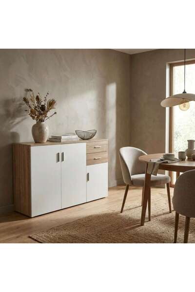 PAN HOME Oojas Sideboard With 2 Door 4 Drawer Veneer - White Natural