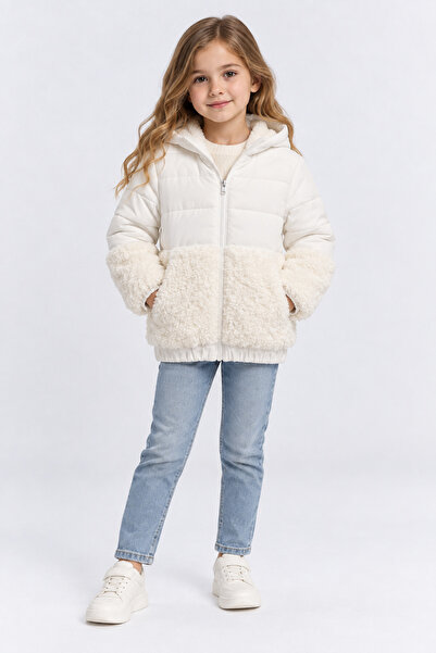 AHENGİM Girl's Hooded Plush Detailed Inflatable Coat with Zipper, Warm Winter...