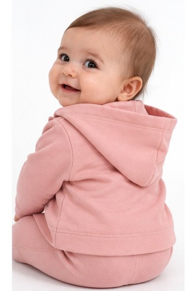 İrem Çocuk Giyim Baby Girl Butterfly Embroidered Snap Closure Hooded Cardigan Long Sleeve Sweatshirt and Sweatpants Powder Color Three-Piece Set