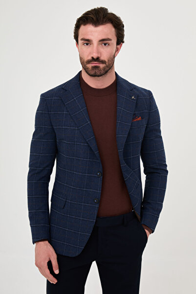 Mcr Plaid Slim Fit Mono Collar Premium Wool Blend Men's Jacket Navy Blue - 44...