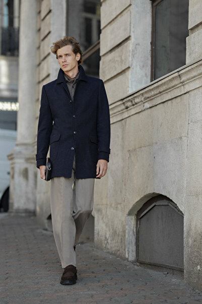 Mcr Textured Slim Fit Shirt Collar Buttoned Pocketed Wool Men's Coat Navy Blu...