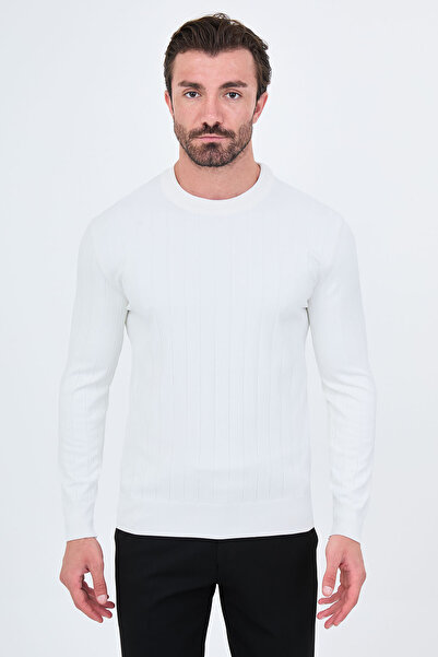 Mcr Ribbed Slim Fit Crew Neck Cotton Men's Knitwear Sweater Ecru - 11621.26K