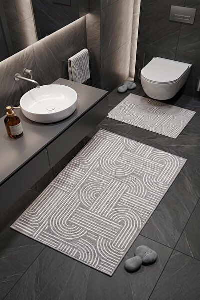 dekozer Revna Gray Washable 2-Piece Bath Mat Set (60X100-50X60 cm) | Non-Slip...