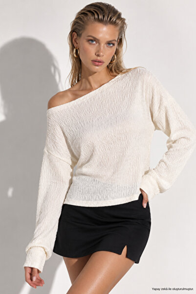 WILD BEE Women's Beige Wrinkled Fabric Cotton Off-Shoulder Blouse