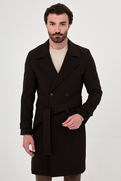 Mcr Straight Slim Fit Wide Collar Belted Double Breasted Cashmere Long Men's ...