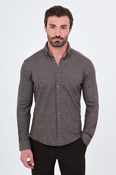 Mcr Patterned Slim Fit Stand Collar Long Sleeve Men's Shirt Beige - 27159.26K
