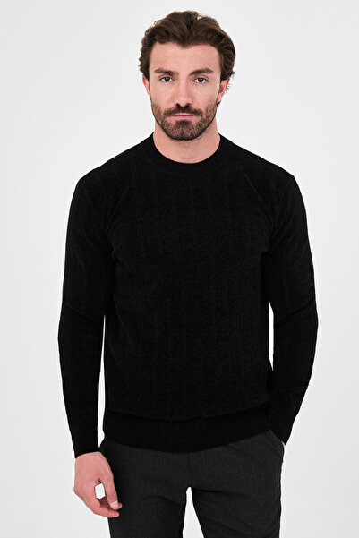 Mcr Ribbed Slim Fit Crew Neck Chenille Men's Knitwear Sweater Black - 11614.26K