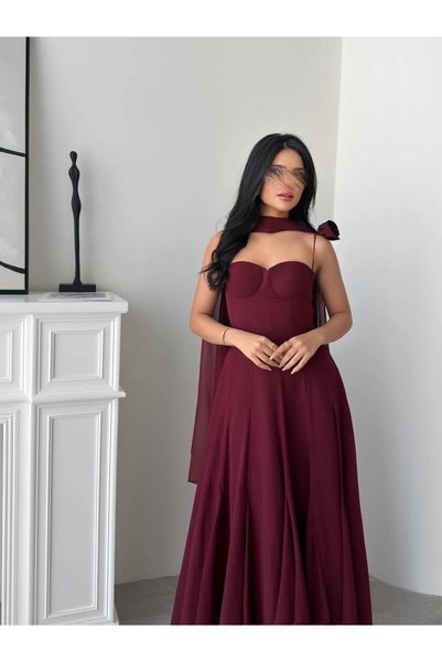 ALANOOD فستان سهرة بورغندي بقصة كورسيه مع شال