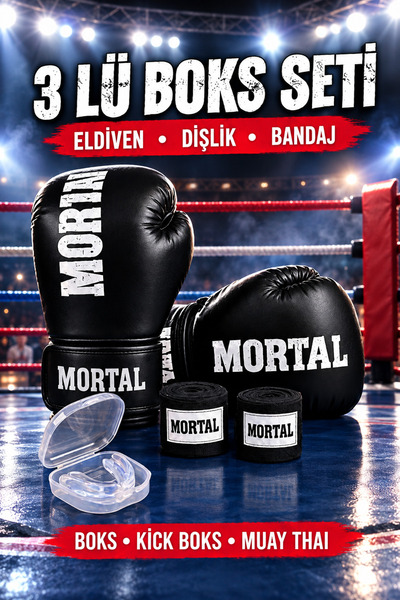 PLUSSPORT Mortal 3'lü Boks Seti Boks Eldiveni Boks Bandajı Dişlik Kick Boks E...