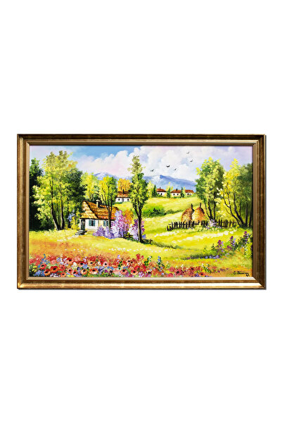 artnova Рамкирана картина на селски пейзаж с къщи и бали сено, ръчно рисувана...