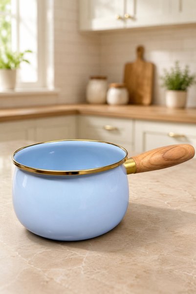 PR HOME Mavi Emaye Ahşap Saplı Bombeli Haşlama ve Sos Tavası 14 cm