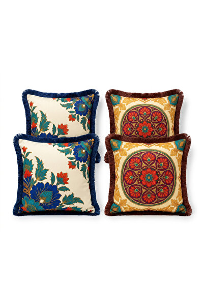 Sunumluxe Vintage Saçaklı 4’lü Saçaklı Kırlent Kılıfı 45x45 cm Kombin Set