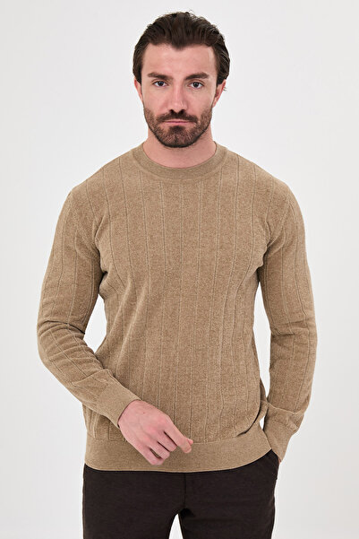 Mcr Ribbed Slim Fit Crew Neck Chenille Men's Knitwear Sweater Beige - 11614.26K