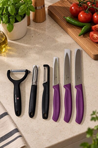Victorinox Siyah Mor 6 lı Soyucu Ve Kabak Oyucu Tırtıklı Düz Bıçak Seti