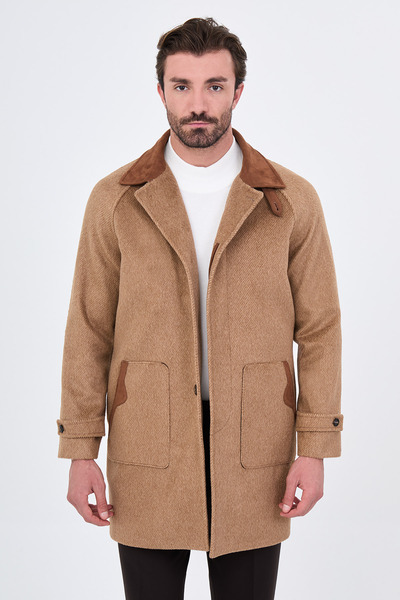 Mcr Textured Oversize Shirt Collar Hidden Button Side Pocket Wool Men's Coat ...