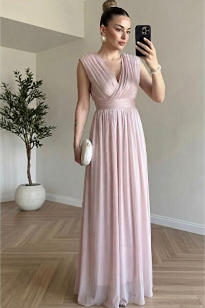 boutiquemery Pudra Pembe Kruvaze Yaka Drapeli Uzun Elbise