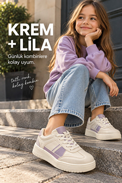 Ayakkabı Deryası Kız Çocuk Krem Lila Günlük Spor Ayakkabı Bağcıklı Sneaker