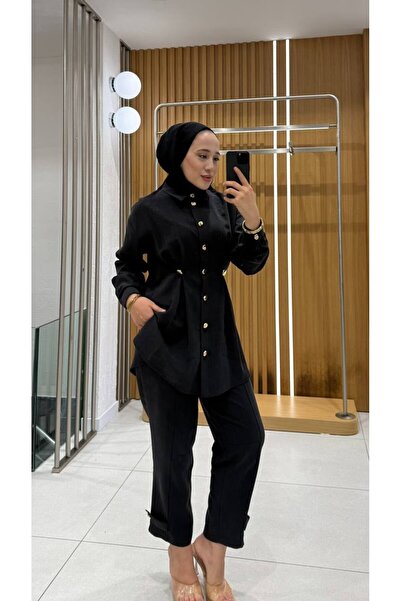 Jupe Kadın Tencel Kumaş Altın Düğme Detaylı Şık İkili Takım 8679
