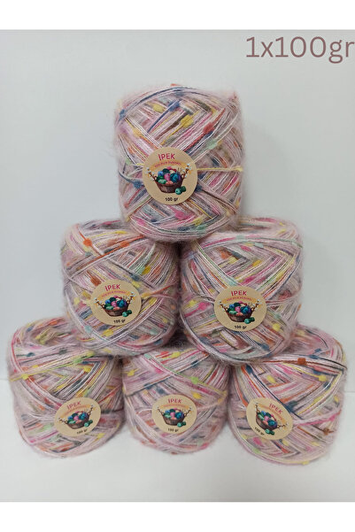 İPEK YÜN İPLİK DÜNYASI Angora Örgü İpi (Toz Pembe,Çok Renkli Ponpon İp) 100gr