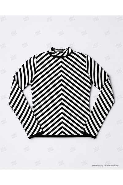 Minimoda Kids Bluză cu mânecă lungă, cu guler înalt și dungi alb-negru pentru fete