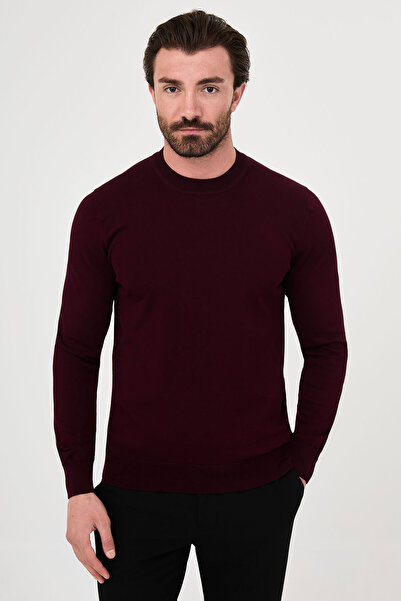 Mcr Plain Slim Fit High Crew Neck Cotton Men's Knitwear Sweater Claret Red - ...