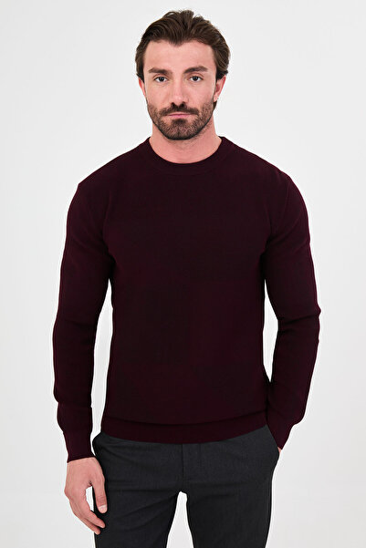 Mcr Textured Slim Fit Crew Neck Cotton Men's Knitwear Sweater Claret Red - 11...