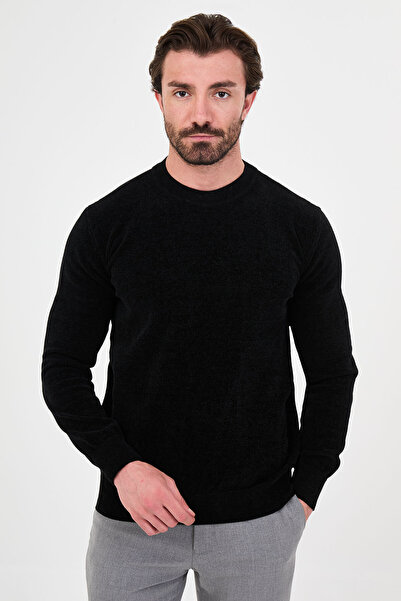 Mcr Plain Slim Fit Crew Neck Chenille Men's Knitwear Sweater Black - 11604.26K
