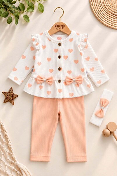 dinamik çocuk Girl baby bandana heart patterned bow detailed top and bottom 2...