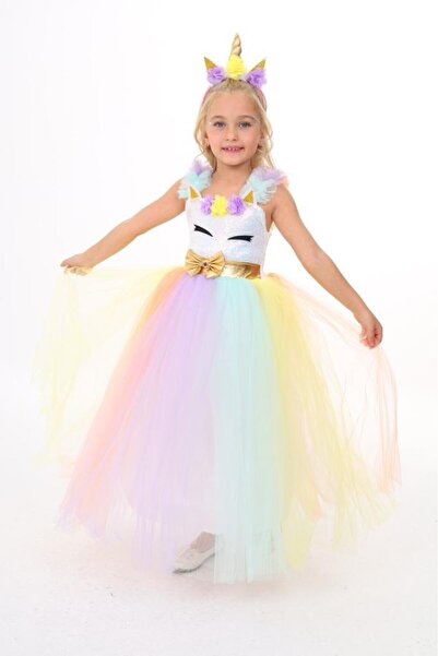 Neatkids Kız Çocuk Unicorn Gökkuşağı Taçlı Parti Doğum Günü Özel Gün Elbisesi...