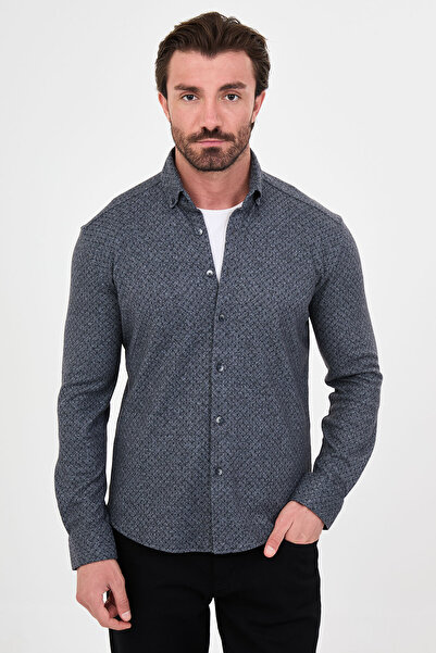 Mcr Patterned Slim Fit Stand Collar Long Sleeve Men's Shirt Gray-Navy Blue - ...