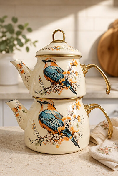 PR HOME Kuş Dekor Gold Model Emaye Çaydanlık