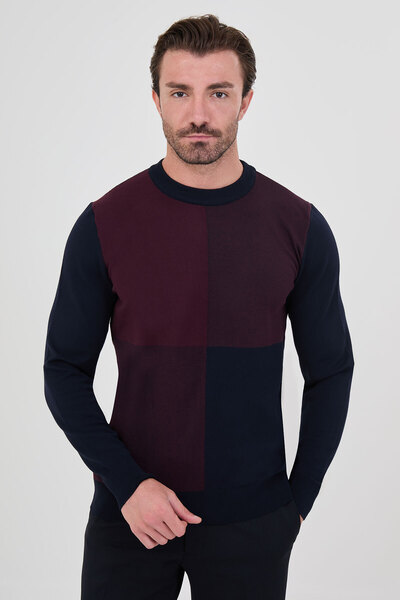 Mcr Square Patterned Slim Fit Crew Neck Cashmere Men's Knitwear Sweater Navy-...