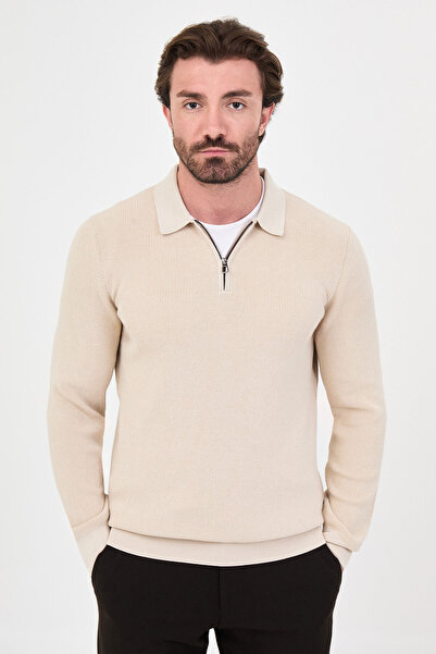 Mcr Ribbed Slim Fit Polo Collar Zippered Men's Cotton Knit Sweater Beige - 11...