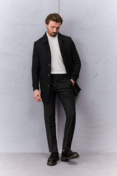 Mcr Textured Slim Fit Shirt Collar Buttoned Pocketed Wool Men's Coat Black - ...