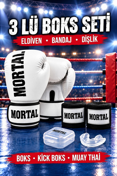 PLUSSPORT Mortal 3'lü Boks Seti Boks Eldiveni Boks Bandajı Dişlik Kick Boks E...