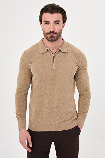 Mcr Plain Slim Fit Polo Collar Zippered Chenille Men's Knitwear Sweater Beige...
