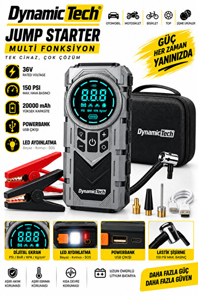 DynamicTech Jump Starter 20000mAh 36 V 150 PSI Akü Takviye Cihazı Hava Kompresörü