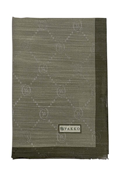 Vakko Pamuk İpek Şal - Şeritli Monogram - Soft Haki
