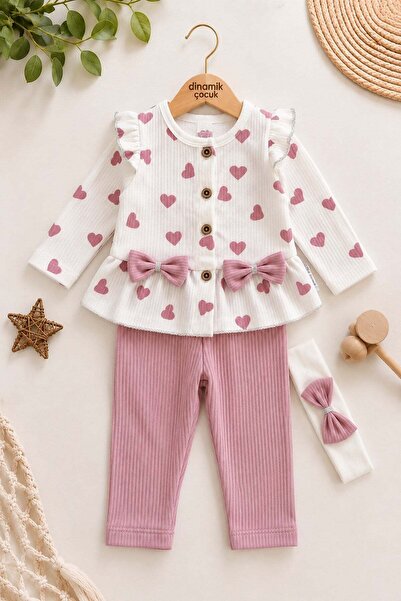 dinamik çocuk Girl baby bandana heart patterned bow detailed top and bottom 2...