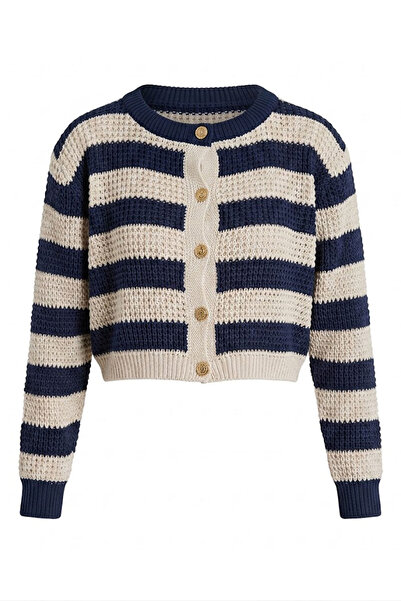 Noa&Noa Striped Detail Buttoned Baby Collar Cardigan Navy Blue