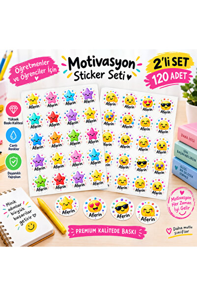 ERT PRİNT STUDİO Öğretmen Motivasyon Sticker Seti 2’li Set 120 Adet Aferin Öğ...